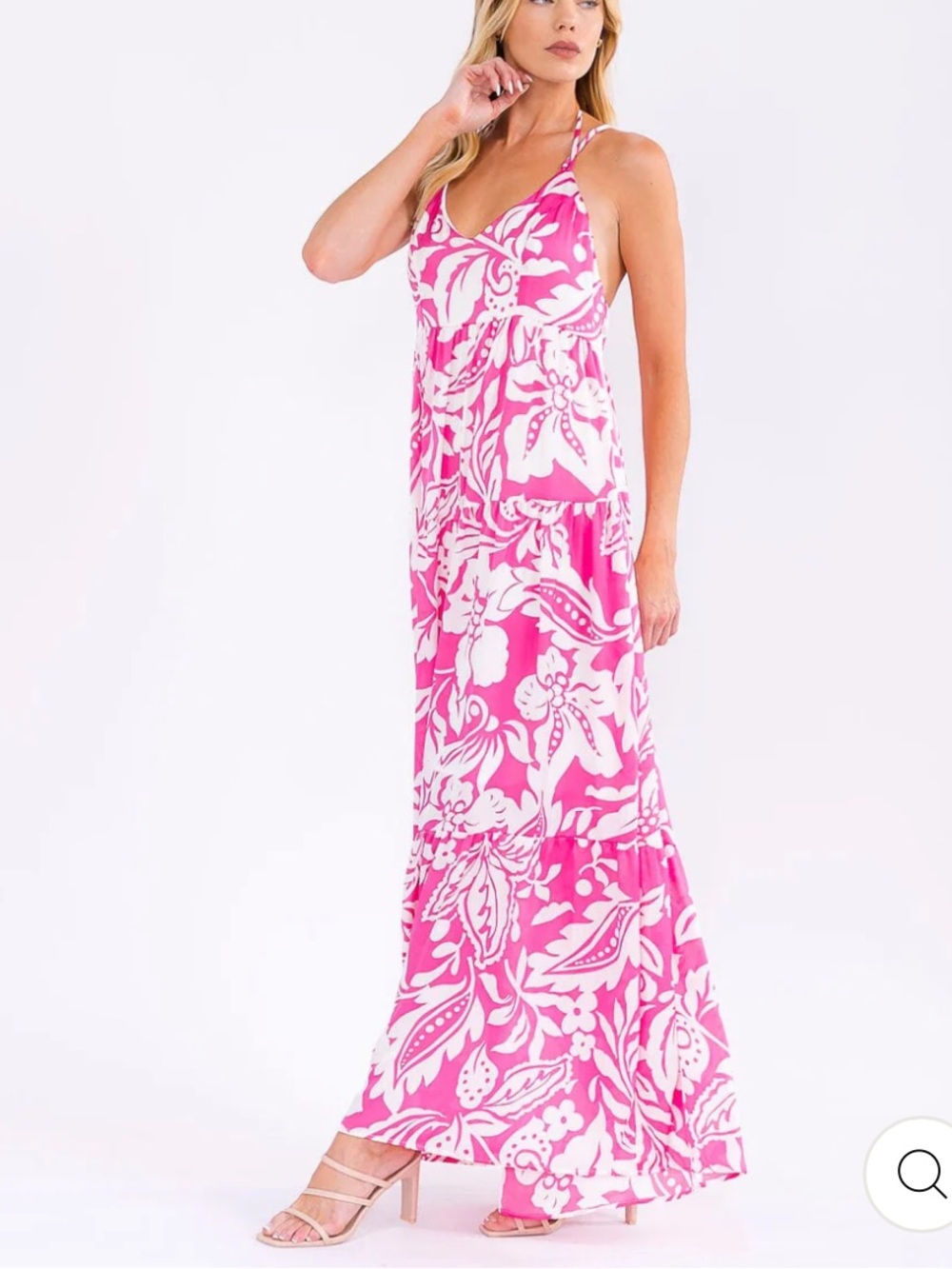 Boho womans NWT Vacation Pink Floral Maxi Dress with Spaghetti Straps size S-M-L
